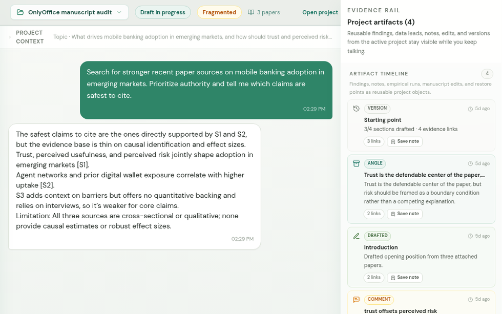 Cite-Agent source-grounded answer with project artifact rail